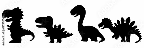 Black and white cartoon dinosaur vector set with rounded shapes and expressive characters for children use