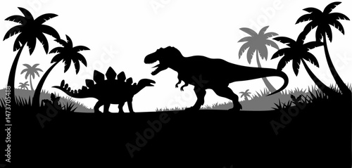 Jurassic era themed dinosaur silhouette artwork showing predator and herbivore in primeval vegetation