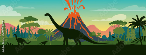 Prehistoric volcanic eruption with dinosaurs and jungle trees in a bright colorful digital illustration style