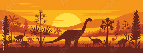 Warm toned digital artwork showing dinosaurs and plants during sunset in a Jurassic nature environment