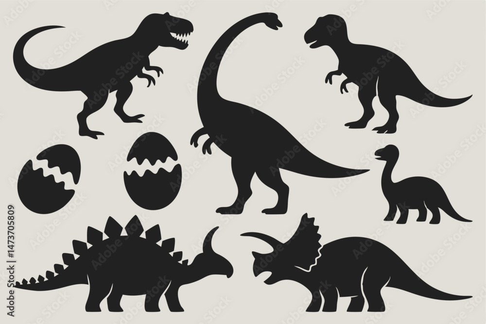 Collection of solid black dinosaur shapes including baby adult forms and eggs on a clean light background Collection of solid black dinosaur shapes including baby adult forms and eggs on a clean light background