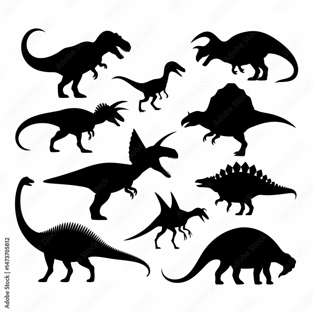 Obraz premium Collection of black dinosaur silhouettes featuring various species in bold prehistoric poses on white background