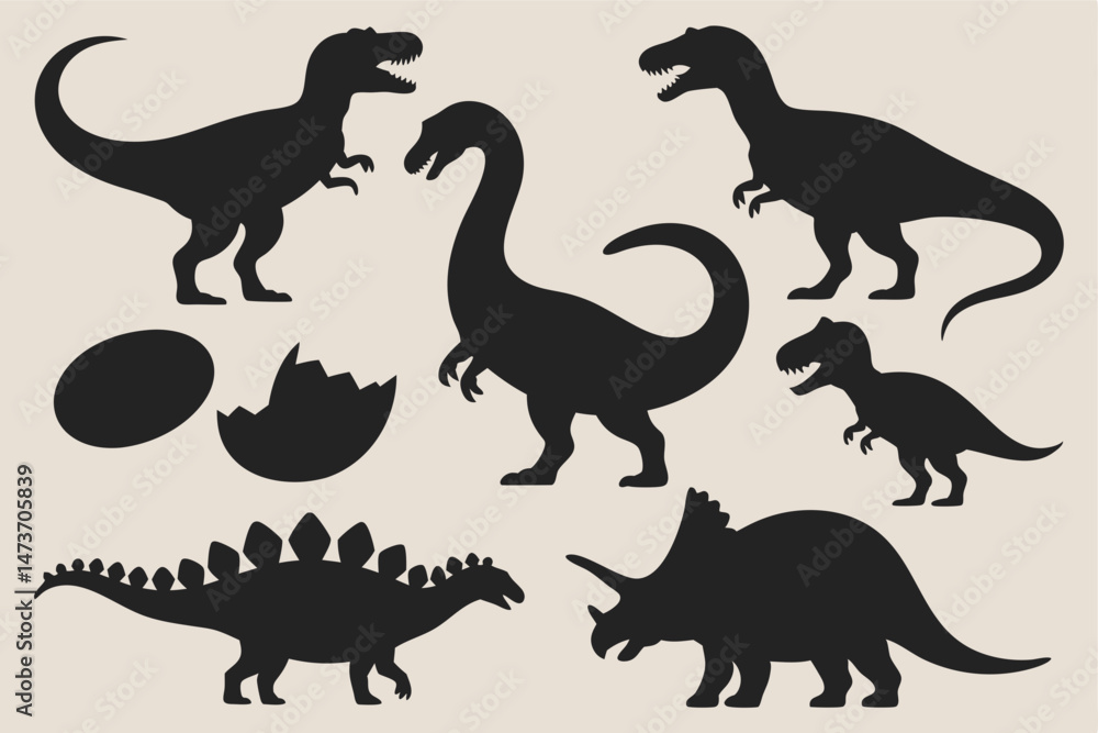 Obraz premium black dinosaur silhouettes with eggs showing various species in simple bold prehistoric style design