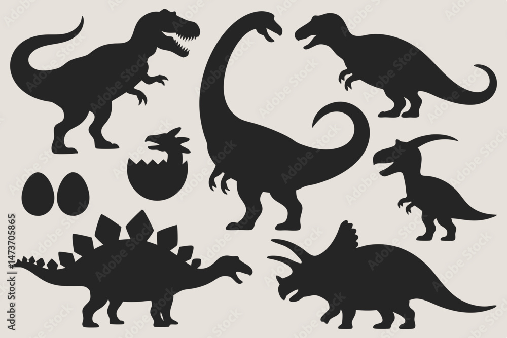 Set of black dinosaur silhouettes with eggs showing various species in simple bold prehistoric style design Set of black dinosaur silhouettes with eggs showing various species in simple bold prehistoric style design