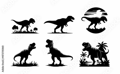 Black and white illustrations of Tyrannosaurus Rex in wild prehistoric landscapes with bold contrast art