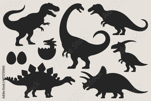 Set of black dinosaur silhouettes with eggs showing various species in simple bold prehistoric style design