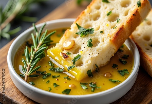 Focaccia with herbs dipping in olive oil sauce on wooden board  