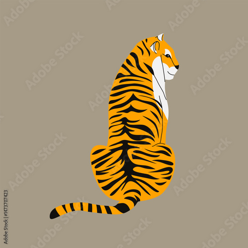 Sitting Tiger from Back View, Flat Vector Illustration