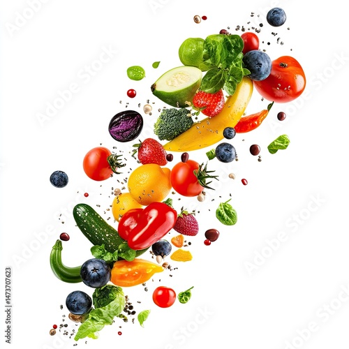 Wallpaper Mural Colorful fruits and vegetables in mid-air. Fresh produce explosion, vibrant colors Torontodigital.ca