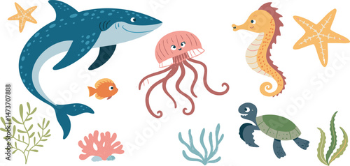 Flat Vector Icons of Ocean Creatures: Vibrant, Minimalist Designs of Marine Life on White Background.
