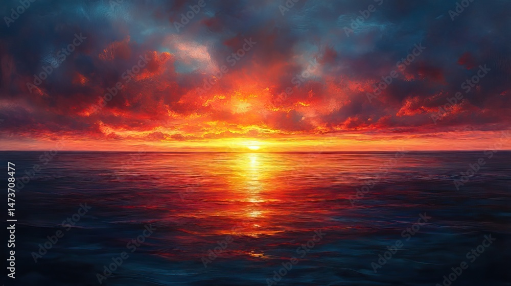 Fototapeta premium A breathtaking view of a vibrant sunset over the calm ocean, with fiery orange and pink hues painting the sky and reflecting on the water