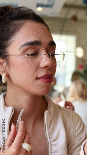 A young woman tries on clear dental aligners at a trendy cafe. She smiles while adjusting the aligners, showcasing her stylish look in a vibrant setting.