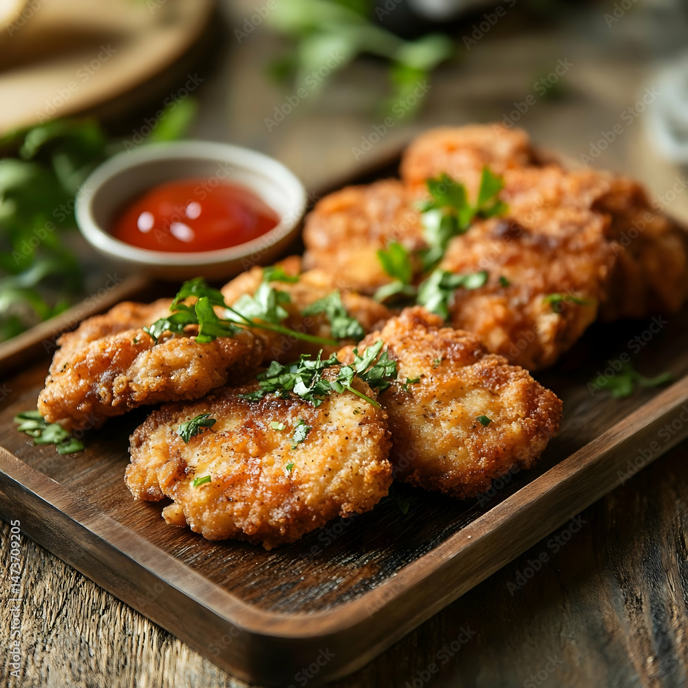 Fototapeta premium Crunchy fried chicken with golden brown breading and succulent meat plated on a wood board garnished with fresh herbs and served with dipping sauce on a rustic wooden table