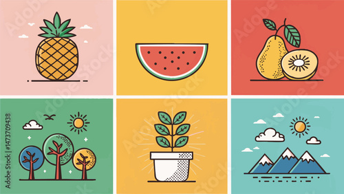 Minimalist 2D Icons of Everyday Life with Bold, Vibrant Illustrations of Fruits, Objects, and Nature