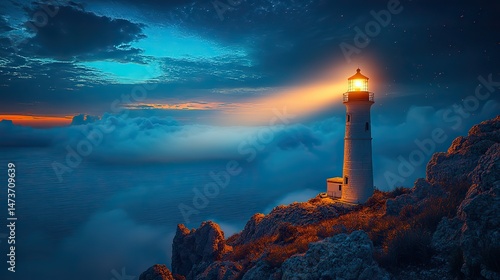 A charming lighthouse standing tall on a rocky promontory overlooking a vast ocean, guiding ships safely through the night with its bright, rotating beam