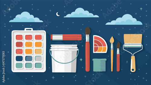 Modern Vector Illustrations of Painter Tools – Brushes, Palettes, Rollers with Rich, Painterly Hues

