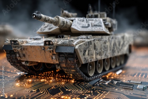 A military tank embedded in a motherboard, with AI algorithms driving its control in combat.
