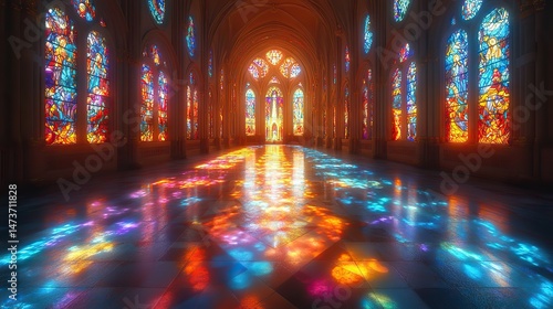 Amethyst light filters through stained glass, casting colorful patterns on the floor and walls of a cathedral or church, creating a spiritual ambiance
