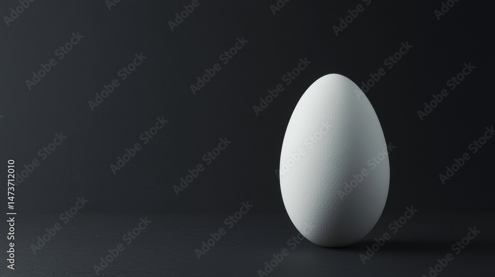A single white egg stands alone against a black background. A single white egg stands alone against a black background.