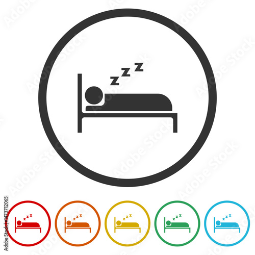 Sleeping bed icon. Set icons in color circle buttons