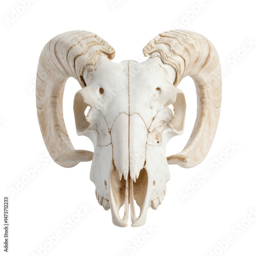 Ram skull showing horns and teeth on white background