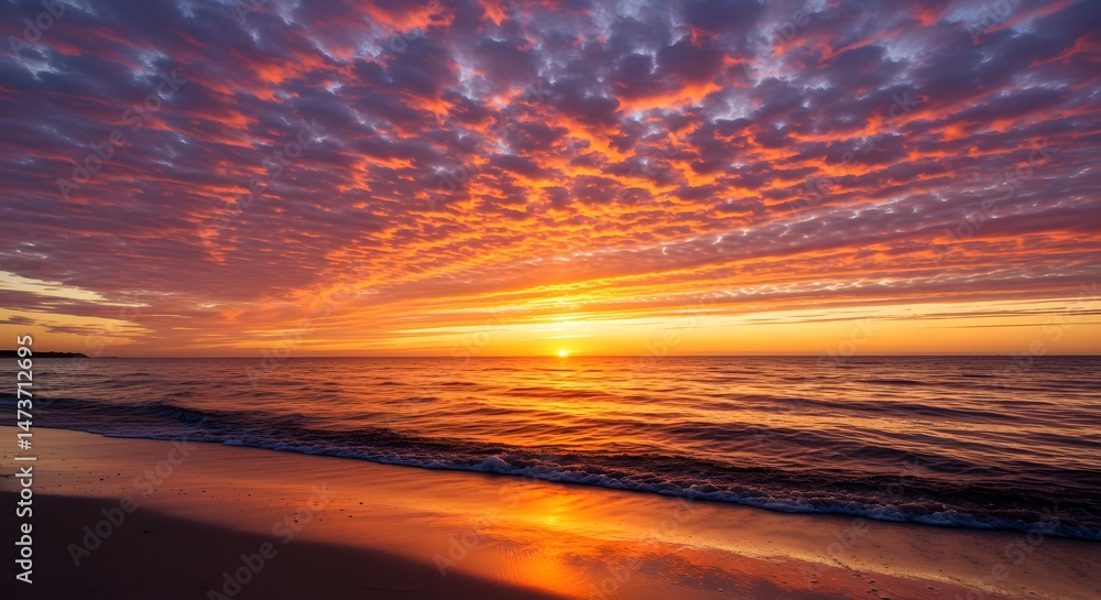 Fototapeta premium Beach scenes. Tranquil beach scene with a radiant sunrise casting warm light on the waves, perfect for wellness blogs, digital backdrops, or holiday promos.