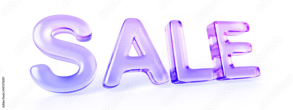 Fototapeta premium 3d glass morphism holographic sale word render. Crystal letter promotion element for discount banner in shop. Isolated purple gradient text for advertising, black friday price offer. 3D illustration