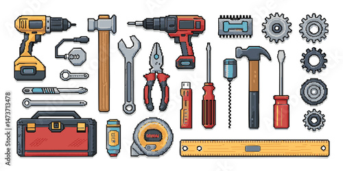 Pixel Art Tools and Gadgets Pack: Hammers, Screwdrivers, Wrenches, Pliers, Drills, and More