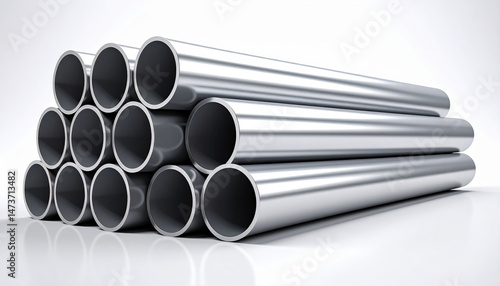 Stack of metal pipes forming a pyramid on white background