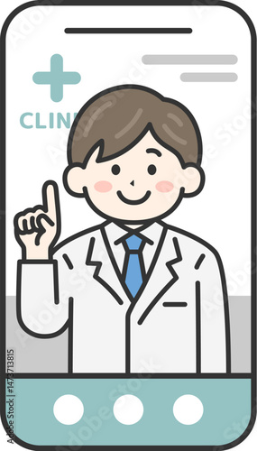 スマートフォンでオンライン診療する、男性医師（線画カラー）のイラスト