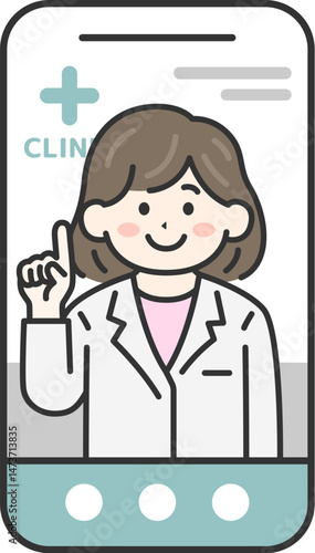 スマートフォンでオンライン診療する、女性医師（線画カラー）のイラスト