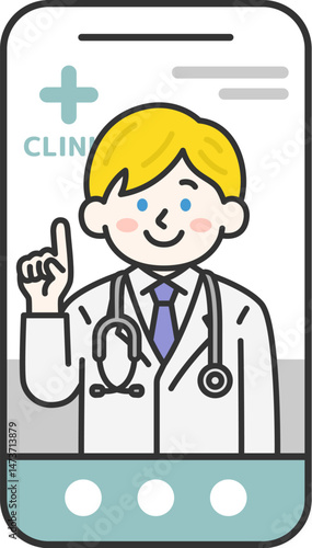 スマートフォンでオンライン診療する、聴診器をつけた、白人の男性医師（線画カラー）のイラスト