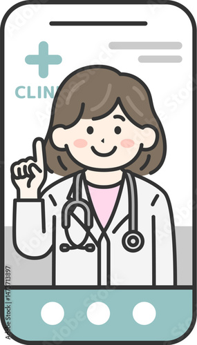 スマートフォンでオンライン診療する、聴診器をつけた、女性医師（線画カラー）のイラスト