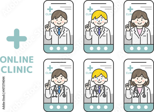 スマートフォンでオンライン診療する、医師（線画カラー）のイラストセット