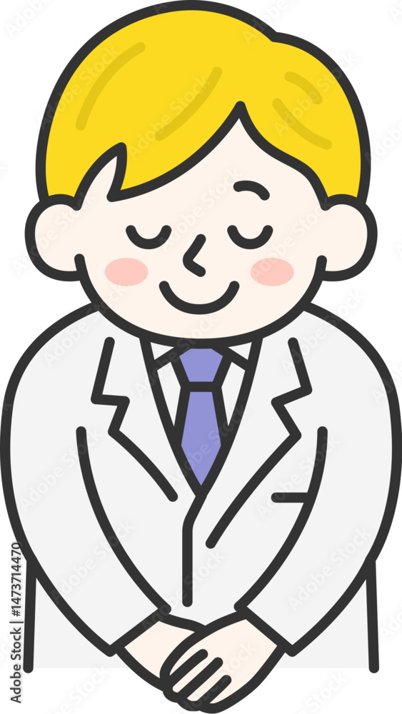 お辞儀をする、白人の男性医師(線画カラー)のイラスト お辞儀をする、白人の男性医師(線画カラー)のイラスト