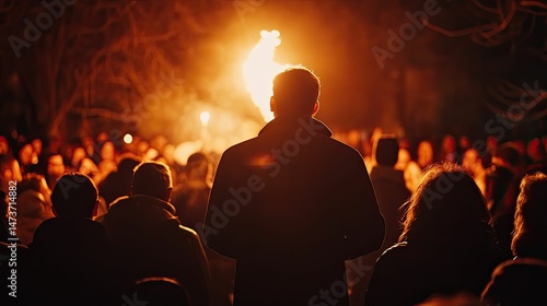 Silhouetted person facing bright spectacle, large crowd.