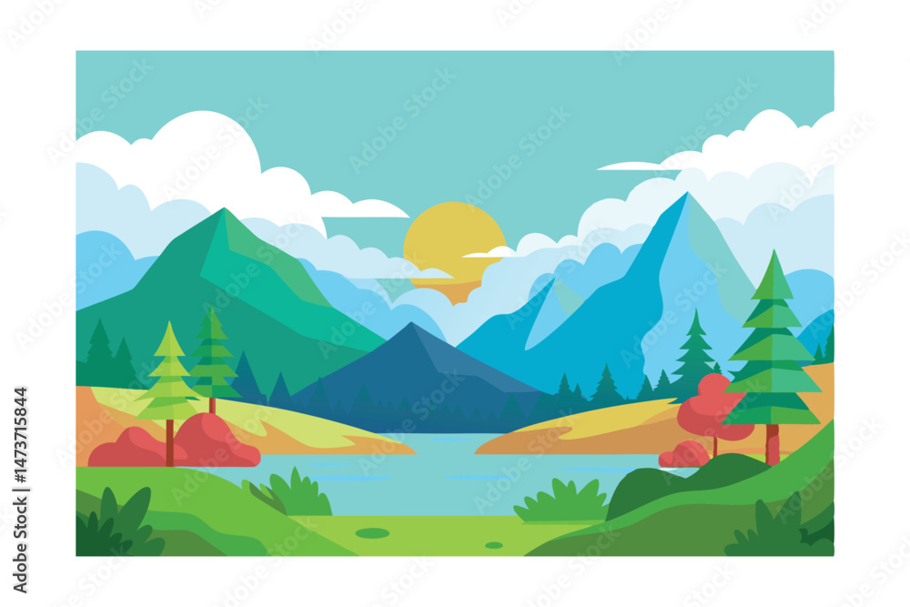 Obraz premium Beautiful Cartoon Fantasy Landscape with Sunset