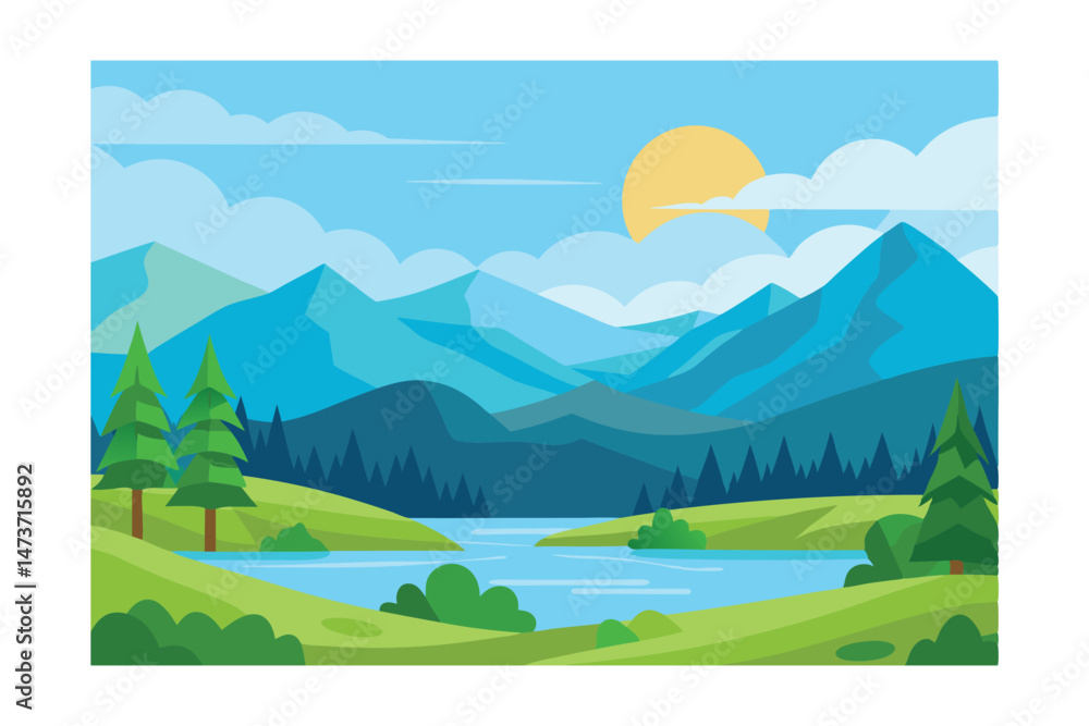 Obraz premium Beautiful Cartoon Fantasy Landscape with Sunset