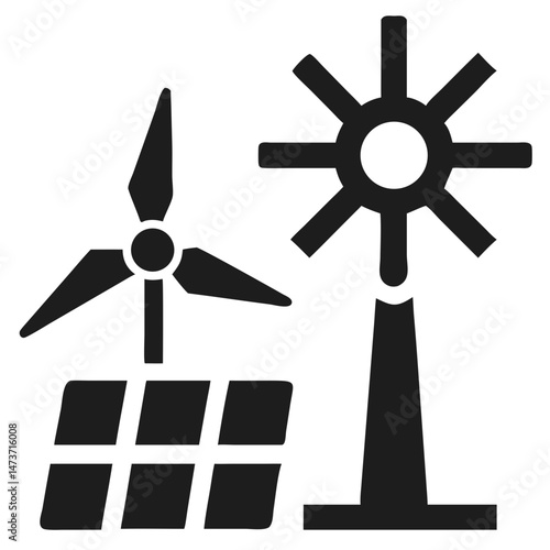 Minimalist black silhouette of wind turbine and solar panel icon design