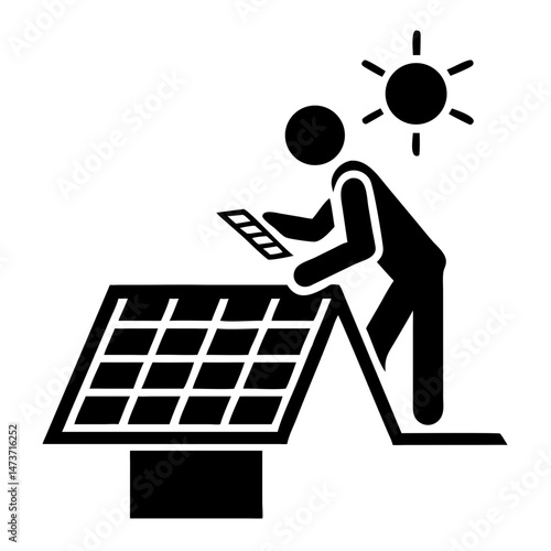 Silhouette of a technician installing solar panels for green energy solutions