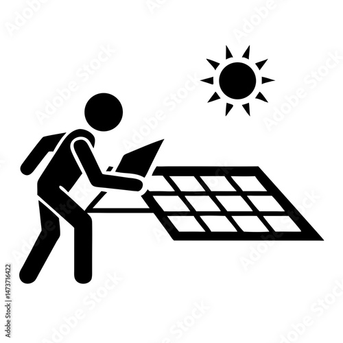 Black silhouette design depicting a technician installing solar panels on a roof