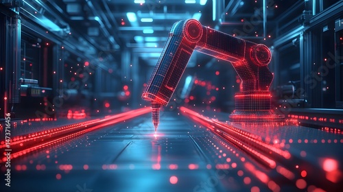 Futuristic factory scene showcasing a wireframe robotic arm with glowing red accents over a metallic grid. Industrial background with blurred machinery and red lights. Abstract wireframe in dark blue.