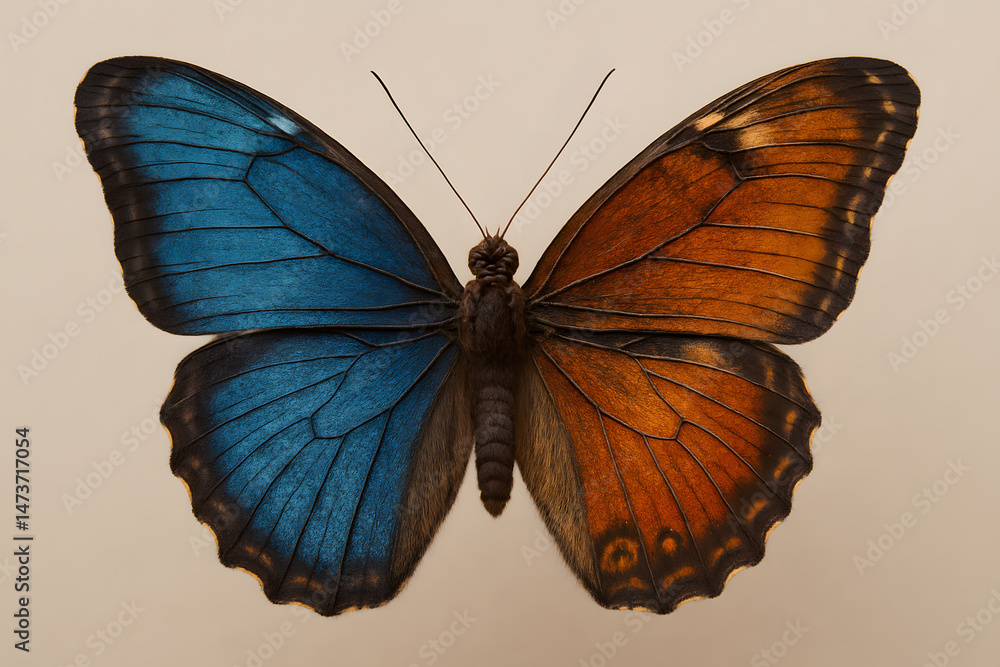 Obraz premium Vibrant Wings: A captivating close-up showcases the exquisite beauty of a butterfly with striking blue and orange wings, offering a vivid glimpse into the wonders of nature.