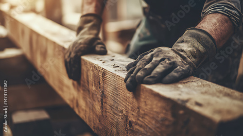 Close-up of a Carpenter's Hands Working on a Wooden Beam