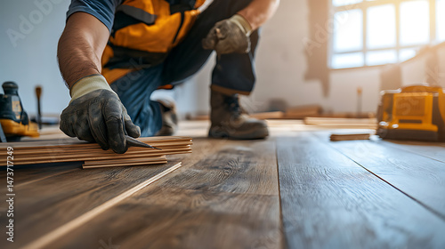Worker Installing Wooden Flooring