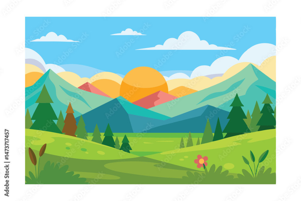 Fototapeta premium Cartoon Colorful Panorama of Spring and Summer Beautiful Landscape