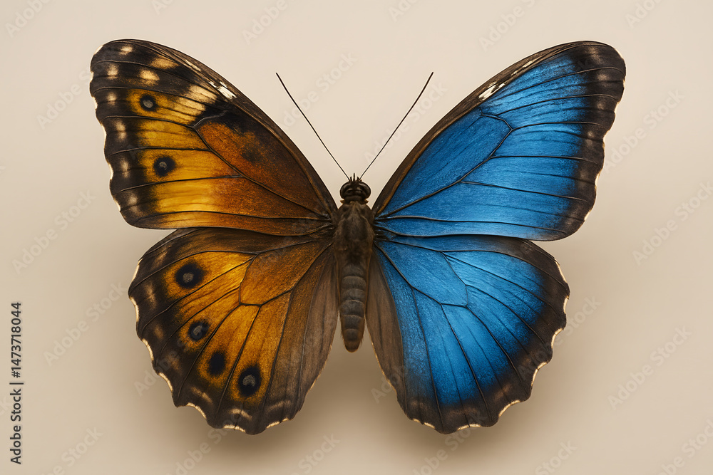 Fototapeta premium Vibrant Butterfly: A captivating close-up shot of a beautiful butterfly, showcasing the intricate patterns and the brilliant blend of colours. The butterfly's delicate wings, spread wide.