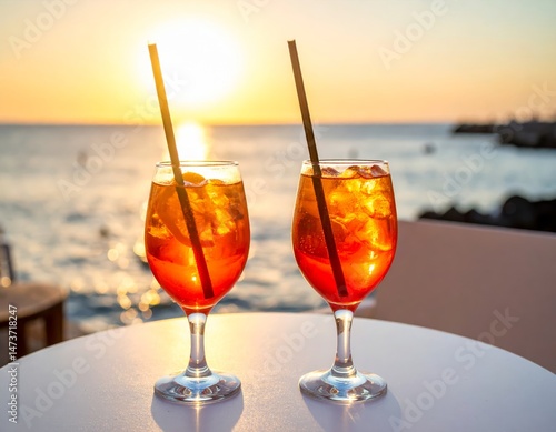 Two orange drinks with straws on white table by water, sunset casting warm glow over the horizon.