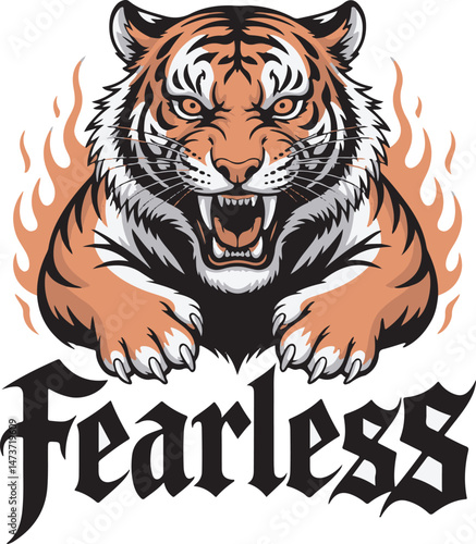 Fierce tiger mascot with flaming effect and fearless typography for design applications