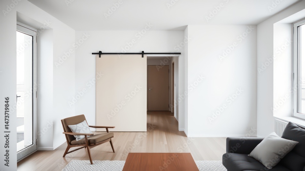 Fototapeta premium Modern Minimalist Apartment Interior with Sliding Barn Door
